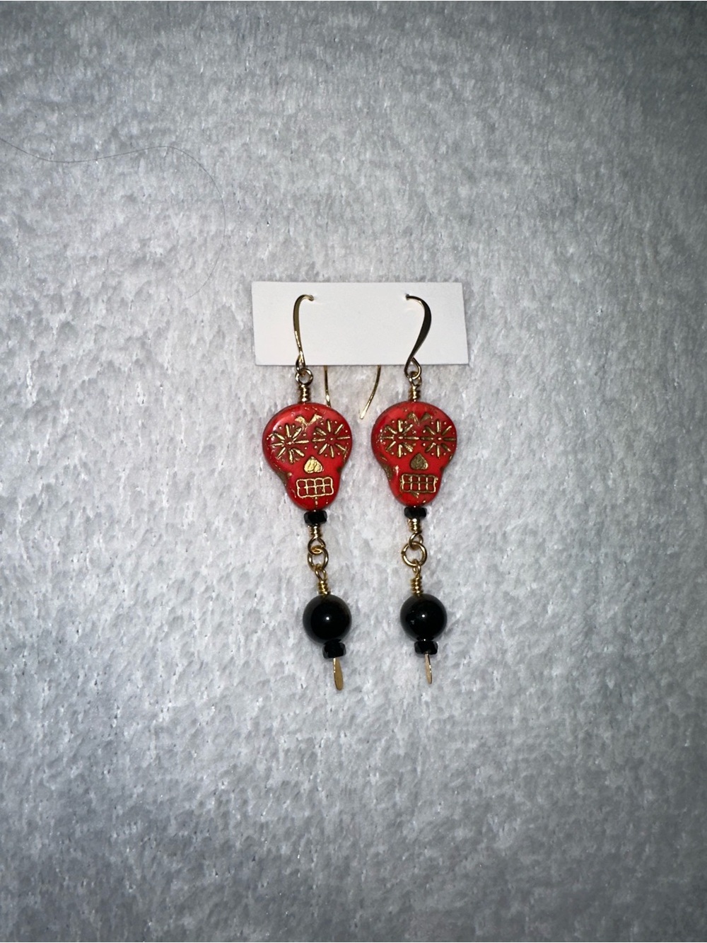 Handmade Red Sugar Skull Earrings Día de los Muertos Black Gold Dangle Gothic